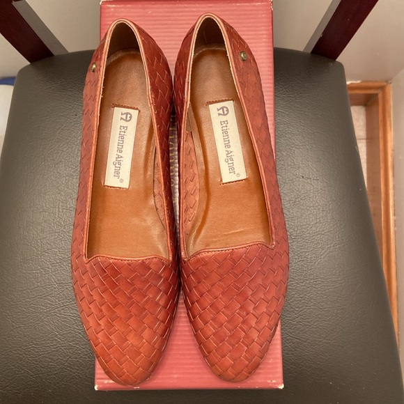Etienne Aigner Vintage Leather Loafers Brown Woven Weave Slip-Ons Women's 7 M - Picture 2 of 5